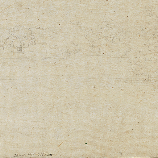Drawing of a landscape with trees (faint). Inscribed with Derby Museums accession number to lower left edge of the sheet. Made by Joseph Wright of Derby (1734 - 1797), c. 1783-5(?), pencil on white laid paper.