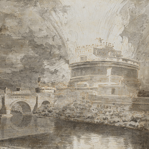 Drawing of a view in Rome by night, showing a firework display over the Castel Sant'Angelo. To the left is a bridge, called the Ponte Sant'Angelo. The River Tiber is in the foreground of the scene; the firework display is reflected in the water of the river. Inscribed on recto, to top left (handwritten in ink): '104'. Made by Joseph Wright of Derby (1734 - 1797), c. 1774 - 1775. Pen and ink and grey ink wash over pencil on laid paper. Displayed in a cream window mount.