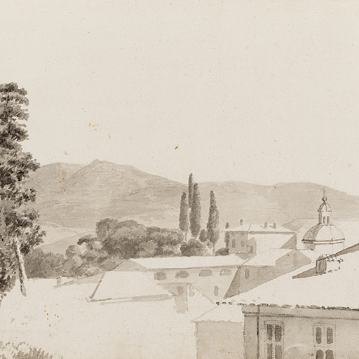 Drawing of an Italian landscape drenched in sunlight, with trees to the left, buildings to the right, and hills beyond. Unfinished. Drawn by Joseph Wright of Derby (1734-1797), c.1774-75. Ink washes over pencil on cream laid paper. Displayed in a cream window mount.