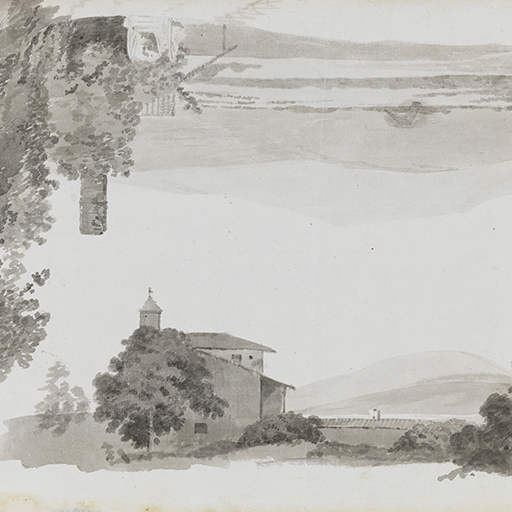 Drawing of two continental landscapes; the sheet having been rotated. One of these studies consists of a view of a villa surrunded by trees with hills beyond. The other shows a landscape with a building and trees to the right. The building has a tall chimney and what appears to be a waterwheel. To the left is the outline of another building. Two more landscape studies can be found on the verso. Watermark visible: 'J HONIG and ZOON' Made by Joseph Wright of Derby (1734-1797), c.1774-75. Ink wash on paper. Displayed in a cream window mount.
