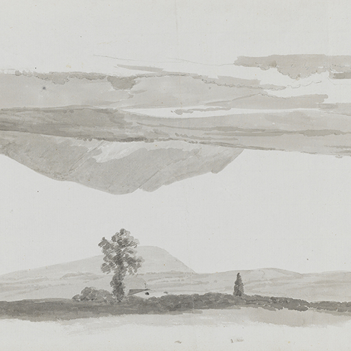 Drawing of two continental landscapes; the sheet having been rotated. One of these studies consists of a view of a mountainous landscape. The other shows a building crouched low in the landscape, with trees to either side and hills beyond. Two more landscape studies can be found on the recto. Watermark visible: 'J HONIG and ZOON' Made by Joseph Wright of Derby (1734-1797), c.1774-75. Ink wash on paper. Displayed in a cream window mount.