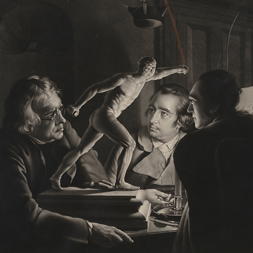 Engraving after Joseph Wright of Derby (1734 - 1797), 'Three Persons viewing the Gladiator by Candlelight'. Three gentlemen (one Peter Perez Burdette are studying a statuette of The Borghese Gladiator by cand⁬lelight. Inscribed: bottom left 'Jos. Wright Pinxt' bottom centre 'Published July 10 1769 by W Pether in Russel Street. Bloomsbury' bottom right 'Wm Pether Fecit'. Scratched in pencil. Made by William Pether (1738-1821). Mezzotint and etching. Paper.