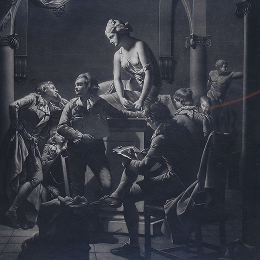 engraving after Joseph Wright; 'An Academy by Lamplight'
