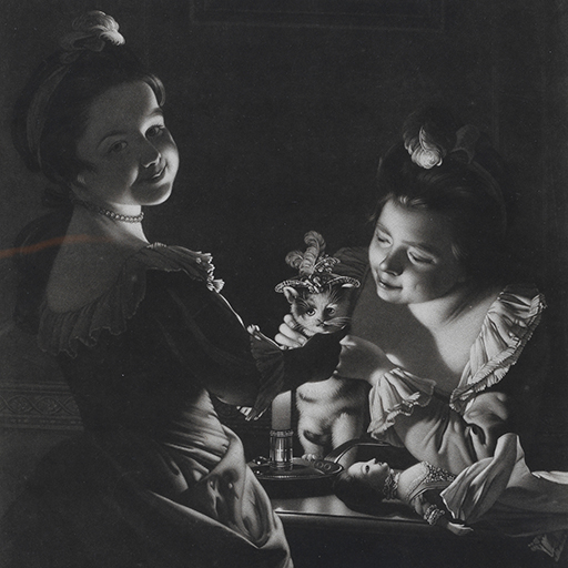 Engraving after Joseph Wright of Derby (1734 - 1797), 'Miss Kitty dressing'; Two girls are dressing a kitten in dolls clothes. Inscribed: bottom left 'Painted by J. Wright' middle centre 'Miss Kitty Dressing/London Published Feb 20 1781 for Watson and Dickinson No 158 New Bond St' bottom right 'Engraved by J. Watson'. Made by James Watson (1739-1790). Mezzotint and etching. Paper.