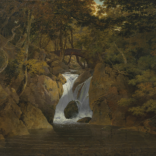 Painting of a waterfall with a bridge beyond. Sunlight peeps through the tree canopy above. The viewpoint is low and looks across the surface of a river towards the waterfall, set within a narrow rocky gorge. Pebbles and rocks are visible benath the water's surface. The canvas is inscribed 'I W Pinxt./ 1795', on a rock, in the lower right hand corner. Painted by Joseph Wright of Derby (1734 - 1797). Oil on canvas in gilded frame.