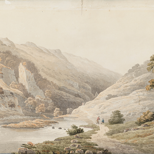 Painting of a landscape, identified as Dovedale, in Derbyshire. To the left of the scene, a collection of sharp rock formations, with a more gentle rise to the right. The River Dove meanders through the centre, whilst to the right of it is a path, upon which two figures are visible. Inscribed to recto, lower right 'IWP'. Painted by Joseph Wright (1734 - 1797). Watercolour on paper, presented in a cream window mount.