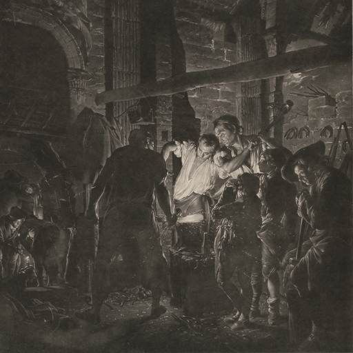 Mezzotint-engraving after Joseph Wright of Derby (1734-1797). 'The Blacksmith's Shop'. The view is of the interior of a blacksmith's shop with 3 blacksmiths, 2 young boys and an elderly man learning on a staff. 3 young men are gathered in the archway around a candle. This is the engraving after painting in the collection at the Yale Center for British Art. Inscription: bottom left 'Joseph Wright Pinxit' bottom left 'Rich'd Earlom Sculpsit' centre 'John Boydell exudit, 1771/A Blacksmith's Shop./From the Original Picture Painted by Mr joseph Wright/In the collection of the Right Honorable Lord Melbourne/Size of the Picture 3f 4i by 4f 2i in Height Published Aug 25th,1771by John Boydell, Engraver in Cheapside London'. Made by Richard Earlom (1743-1822). Mezzotint-engraving and etching. Paper.