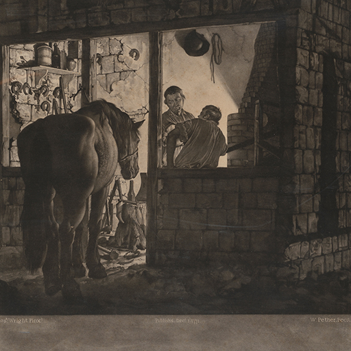 Mezzotint-engraving after Joseph Wright of Derby (1734-1797). 'A Farriers Shop' 1771. The view looking into the farrier's shop with 2 farrier's and a horse entering. The shop is a little derelict with a thatched roof and remains of a gothic arch. Horse shoes and tools scatter the walls and floor. Inscription: bottom left handside 'JW Pinxit', bottom centre 'Published Dec 2nd 1771', bottom right hand side 'W.Pether Fecit'. Made by William Pether (1738-1821). Mezzotint-engraving and etching. Paper