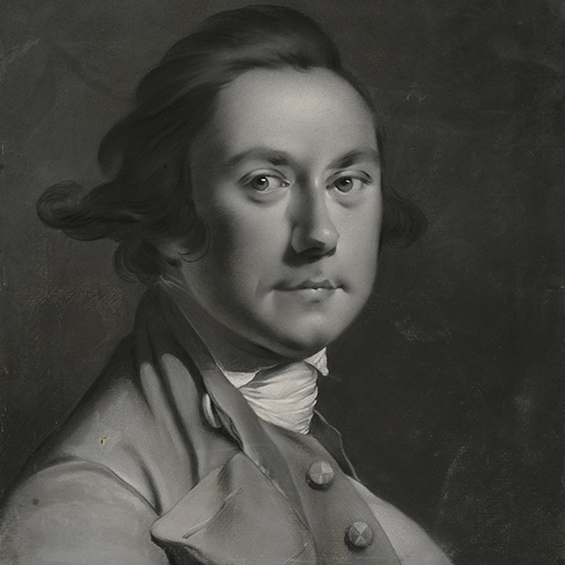 Portrait of a man in monochrome, identified as Joseph Wright of Derby; turned to the right, with left hand tucked inside waistcoat, facing forwards. He wears his hair tied back, but a little loose at the temples. He wears a coat and waistcoat and his shirt is closed by a close-fitting neck stock. Inscription to verso, on stetcher 'Joseph Wright of Derby / copied by William Pether'. Made by William Pether (1738 - 1821), c.1767-70(?), pastel on paper laid on canvas, in black painted frame. Glazed.