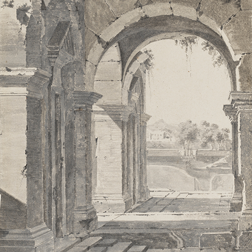 Drawing of architectural ruins clothed in foliage, with a view through an archway to a landscape beyond. Inscribed on recto, top right (handwritten in ink): '50'. Made by Joseph Wright of Derby (1734-1797), c.1774-1775, grey wash over pencil on paper.