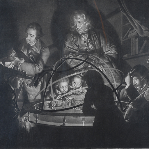 Mezzotint of, 'A Philosopher lecturing on an Orrery' by William Pether, after Wright of Derby; P.P.Burdett has white thread line from his chin; Mezzotint of, 'A Philosopher lecturing on an Orrery' by William Pether, after Wright of Derby; Mezzotint, 'Philosopher giving a lecture on the Orrery' engraved by William Pether