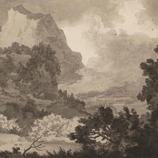 Drawing of a mountainous, rocky landscape with trees, identified as a study after an illustration by William Pether, in Alexander Cozens's 'A New Method of Assisting the Invention in Drawing Original Compositions of Landscape' (published 1785-6). Inscribed on verso, top left corner (handwritten in ink): 'No 8 Nov 29th 1793'. Made by Joseph Wright of Derby (1734-1797), 1793. Pencil and ink wash on paper.