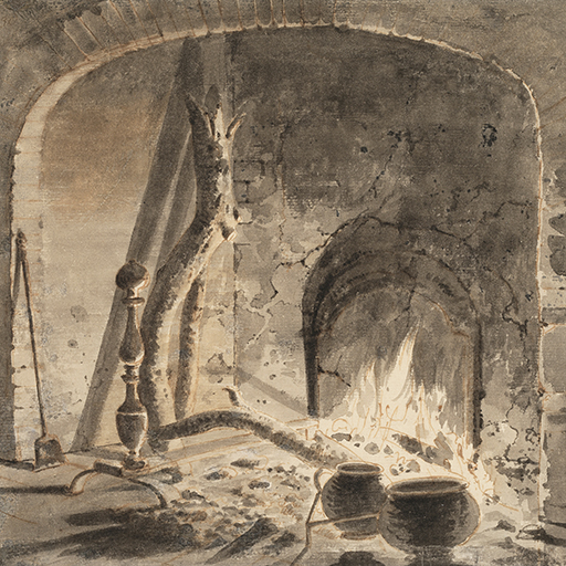 Drawing of a open hearth with a fire. Two pots have been set before it, one of which sits within an iron trivet. To the left is a shovel. An elaborate fire dog, used in pairs for supporting a grate, sits alone. A large branch has been propped within the fireplace to burn. Inscribed on recto, top left (handwritten in ink): '238'. Made by Joseph Wright of Derby (1734-1797), c. 1774-1775, brown ink and ink wash on paper.
