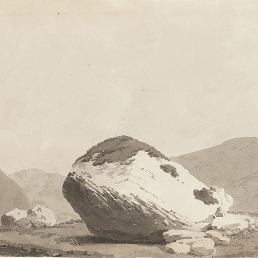 Drawing of a mountainous landscape featuring a large boulder, identified as the Bowder Stone in Borrowdale in the Lake District. Inscribed on recto, top left (handwritten in pencil): 'R.W'. Made by Joseph Wright of Derby (1734-1797), c.1794. Ink wash over pencil on white laid paper.