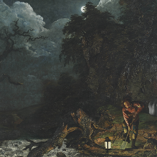 Painting of a man, called an 'earth stopper', in a nocturnal landscape digging by the light of a lantern. He is accompnaied by a dog and horse. To his left is a river and behind him a large expanse of rock, above which the moon glows brightly. In the distance a small thatched cottage is visible, with a solitary light burning in a window. Inscribed recto, lower left: 'J Wright Pinxt /1773'. Painted by Joseph Wright of Derby (1734 - 1797). Oil on canvas in carved and gilded frame. Unglazed.