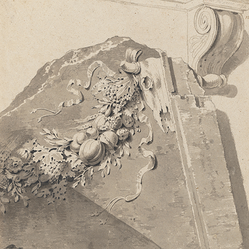 Drawing of a fragment of a frieze, possibly part of the Ara Pacis Augusta (Latin: Altar of Augustan Peace). Inscribed to top right (handwritten in pencil): 'J.W. Rome - 74' and beneath that (handwritten in ink) '12'. Made by Joseph Wright of Derby (1734-1797), 1774. Pen and ink and grey ink wash over pencil on paper. Presented in a cream window mount.