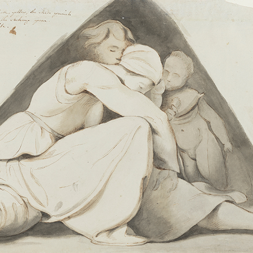 Drawing of a seated female figure, facing right, with her head bowed. Identified as a study of Asa, a figure from the Sistine Chapel ceiling frescoes, after Michelangelo. She sits on a bolster cushion. Behind her is the head of a child and the figure of a nude child. The shading around the figure group forms a triangle. Inscribed to top left (handwritten in ink): 'The Drapery on the head, white, the sleeve, yellow, the shade greenish / the Body red, round the arm hole green, the stockings green. / the drapery on which she sits, white.' Top right corner of the sheet is missing. Made by Joseph Wright of Derby (1734-1797), after Michelangelo (1475-1564), c. 1774. Pen and ink and ink wash over pencil on paper. Presented in cream window mount.
