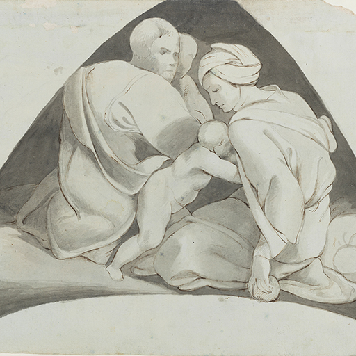 Drawing of a male and female figure, seated, and two children. Identified as a study of Ozias, from the Sistine Chapel ceiling frescoes, after Michelangelo. The shading around the figure group forms a triangle. Top right corner of the sheet is missing. Made by Joseph Wright of Derby (1734-1797), after Michelangelo (1475-1564), c. 1774. Pen and ink and ink wash over pencil on paper. Presented in cream window mount.