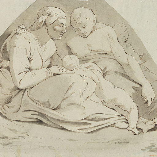Drawing of a male and female figure, seated, and two children. Identified as a study of Zorobabel, from the Sistine Chapel ceiling frescoes, after Michelangelo. The shading around the figure group forms a triangle. Top edge of the sheet is missing. Made by Joseph Wright of Derby (1734-1797), after Michelangelo (1475-1564), c. 1774. Pen and ink and ink wash over pencil on paper. Presented in cream window mount.