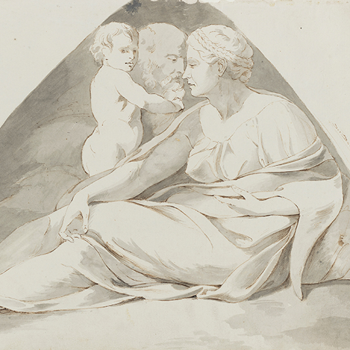 Drawing of a female figure, seated, facing left, with a bearded man and child behind her. Identified as a study of Ezechias, from the Sistine Chapel ceiling frescoes, after Michelangelo. The shading around the figure group forms a triangle. Made by Joseph Wright of Derby (1734-1797), after Michelangelo (1475-1564), c. 1774. Pen and ink and ink wash over pencil on paper. Presented in cream window mount.