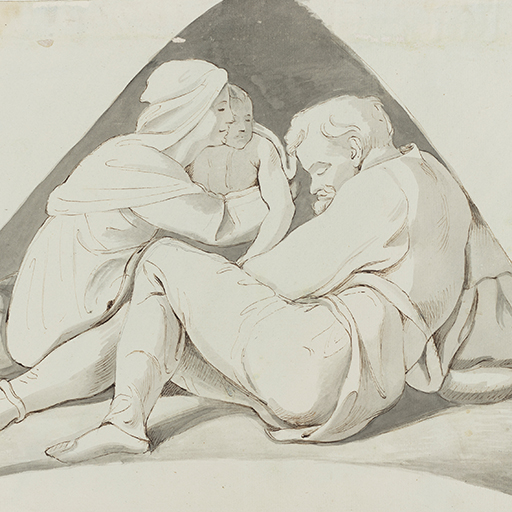 Drawing of a male figure, seated, facing left, with a woman and child behind him. Identified as a study of Josias, from the Sistine Chapel ceiling frescoes, after Michelangelo. The shading around the figure group forms a triangle. Top right corner of the sheet is missing. Made by Joseph Wright of Derby (1734-1797), after Michelangelo (1475-1564), c. 1774. Pen and ink and ink wash over pencil on paper. Presented in a cream window mount.