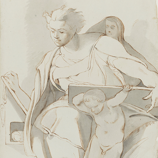 Drawing of a male figure, seated, facing left, with two children. Identified as a study of Daniel, from the Sistine Chapel ceiling frescoes, after Michelangelo. Right edge of the sheet is torn along its length. Made by Joseph Wright of Derby (1734-1797), after Michelangelo (1475-1564), c. 1774. Pen and ink and ink wash over pencil on paper. Presented in a cream window mount.