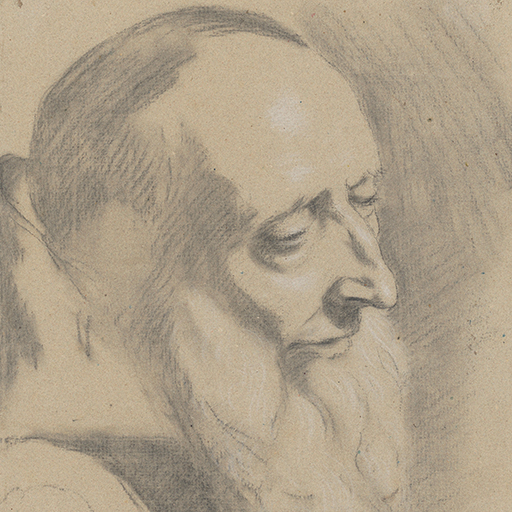 Drawing of a male head, bearded, facing right, possibly after a drawing or print after Piazetta. Made by Joseph Wright of Derby (1734-1797), after Piazetta (1682-1754), c. 1751-1755. Black and white chalks on buff coloured laid paper. Presented in a cream window mount.
