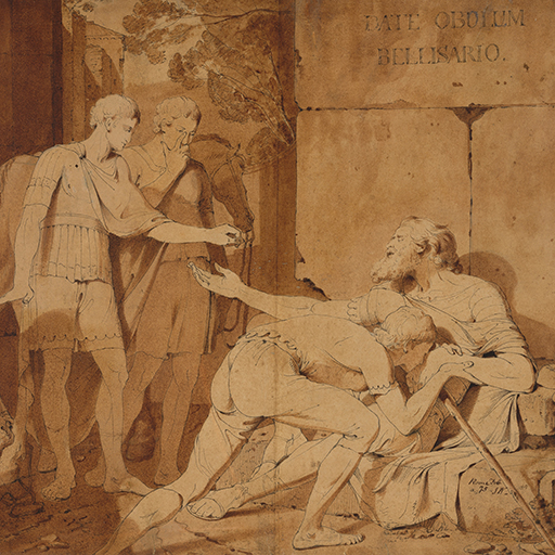 Drawing of a bearded, semi-clad figure receiving alms from two Roman soldiers. Identified by an inscription in a stone block above him as Belisarius. A young girl crouches in the bottom left corner holding a basket. To the right a young boy leans aginast a stone block, whilst another young boy bends to kiss Belisarius's hand. Inscribed to bottom right: 'Rome Feb / 75 - JW', and carved into a stone: ‘DATE OBOLUM BELLISARIO’.