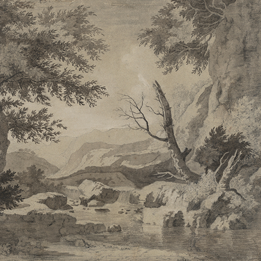 Drawing of a rocky landscape with a river. Traces of a figure fishing, sketched out in pencil, to bottom right. Made by Joseph Wright of Derby (1734-1797), date unknown. Ink wash over pencil on paper. Presented in a cream window mount.