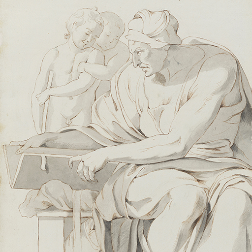 Drawing of a female figure, seated, facing left, holding a book. Two children behind. Identified as a study of the Cuman Sibyl, from the Sistine Chapel ceiling frescoes, after Michelangelo. Right edge of the sheet is torn along its length. Made by Joseph Wright of Derby (1734-1797), after Michelangelo (1475-1564), c. 1774-1775. Pen and brown ink with grey wash over pencil on paper. Presented in a cream window mount.