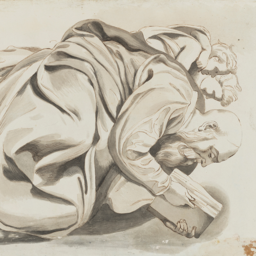 Drawing of a bearded male figure, seated, facing right, holding a book. Two children behind. Identified as a study of the Prophet Zacharias, from the Sistine Chapel ceiling frescoes, after Michelangelo. Right edge of the sheet is torn along its length. Made by Joseph Wright of Derby (1734-1797), after Michelangelo (1475-1564), c. 1774-1775.Pen and brown ink with grey wash over pencil on paper. Presented in a cream window mount.