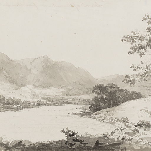 Pencil and ink wash drawing by Joseph Wright, inscribed on reverse 'Low End of Derwentwater from Crow Park'; titled verso (top centre) in ink and also 'bt. Sotheby's & Co 1963 (centre pencil) and 'R Wilson' (bottom right); David Fraser attributed this to Joseph Wright but does not know if it was bought in Sotheby's in 1963 or why the 'R. Wilson' is pencilled verso; height 390mm width 231mm; Pencil and ink wash drawing by Joseph Wright, inscribed on reverse 'Low End of Derwentwater from Crow Park'