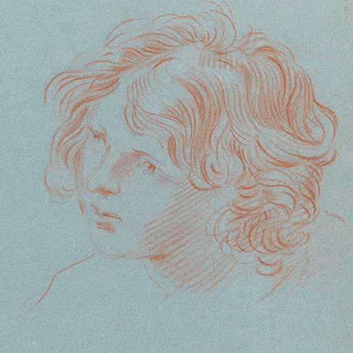 Study of the head of a young man, in profile, and an old man, in profile, both facing left. Made by Joseph Wright of Derby (1734 - 1797). Red and white chalk on blue paper, in cream window mount.