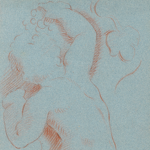 Study of a putto, seen from behind, amid vine leaves and tendrils, after Raphael's tapestry cartoon for 'The Healing of the Lame Man.' Inscribed verso 'September 7 1751'. Made by Joseph Wright of Derby (1734 - 1797). Red chalk on blue paper, in cream window mount.