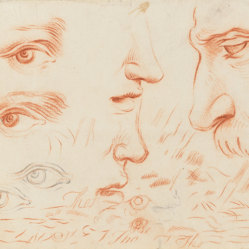 Studies of eyes and noses and the profile of a man's face, with areas of test hatching of various degrees of weight and intensity. Inscribed 'Thos.' and 'Tho' to recto in three places. Made by Joseph Wright of Derby (1734 - 1797) in 1751. Pencil and red chalk on paper, in cream window mount.