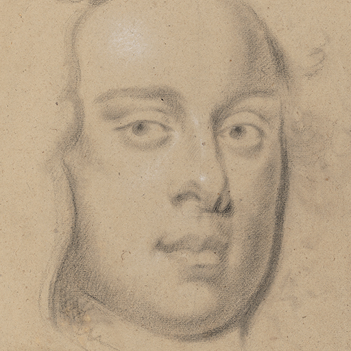 Study of a young man's head, facing slightly right, the outline of his hair or wig framing his face. Light glints from the left side of his forehead and the end of his nose. Made by Joseph Wright of Derby (1734 - 1797). Black and white chalk on buff coloured paper, in cream window mount.