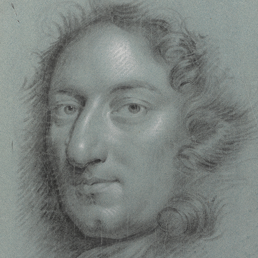 Study of a man, head and shoulders only, facing left. His hair or wig is curled and hangs loose around his face and shoulders. He wears a neckcloth with a stripe through it and a fringe. Made by Joseph Wright of Derby (1734 - 1797). Black and white chalk on blue paper, in cream window mount.
