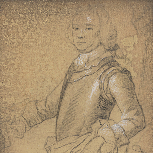 Study of a man, called Charles Knowles; wearing a breast plate and sword, leaning on a canon, his right hand holding a baton. He wears a wig tied at the nape of his neck and looks out towards the viewer. A rocky outcrop rises up behind him, to the right. Made by Joseph Wright of Derby (1734 - 1797). Black and white chalk on buff grey prepared paper, in a cream window mount.