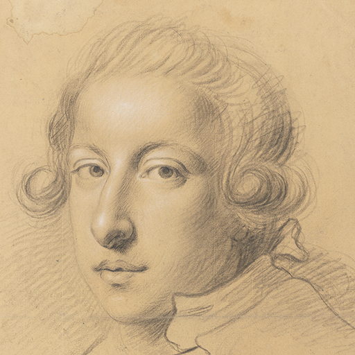 Study of a man, called Francis Burdett of Foremark; head and shoulders only, turned slightly to the left, his hair rolled and tied with a bow at the nape of his neck, wearing a coat with a cape and standing collar. Made by Joseph Wright of Derby (1734 - 1797). Black and white chalk on buff paper, in cream window mount.