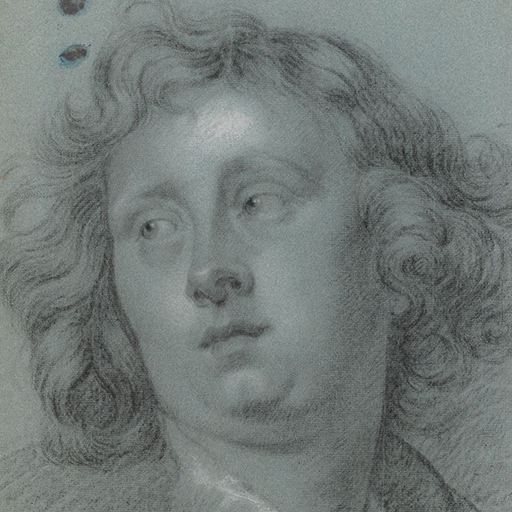 Study of a young man, called Hendrik Liberti, head and shoulders only, turned to the left, his hair loose and his shirt collar open. Made by Joseph Wright of Derby (1734 - 1797). Black and white chalk on blue paper, in cream window mount.