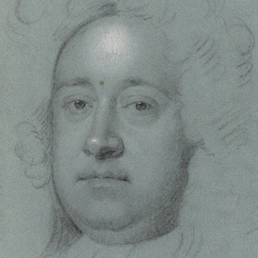 Study of a man, possibly George Frederick Handel, head only, turned slightly to the left, his voluminous hair or wig curled and hanging loose to his shoulders. A small dark mark visible to the centre of his brow. Made by Joseph Wright of Derby (1734 - 1797). Black and white chalk on blue paper, in cream window mount.