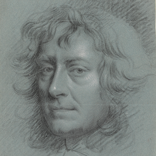 Study of a man, head only, facing to the left, looking at the viewer, with shoulder-length hair worn loose to the shoulder. Made by Joseph Wright of Derby (1734 - 1797). Black and white chalk on blue paper, in cream window mount.