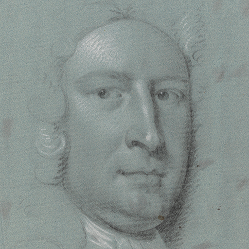 Study of a man, head only, facing slightly to the right. His face is framed by thick curled hair (or a wig), which falls past his shoulders. He wears a simple white neckcloth or stock. Made by Joseph Wright of Derby (1734 - 1797). Black and white chalk on blue paper, in cream window mount.