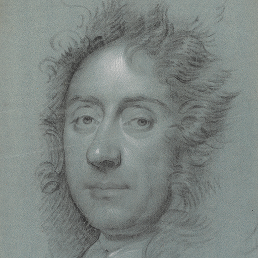 Study of a man, head and shoulders only, facing left. He wears a neck stock, with a horizontal stripe running through it, and his hair or wig is curled and hangs loosely, below his shoulders. A horizontal fold line runs across the sheet and the centre of the subject's face. Made by Joseph Wright of Derby (1734 - 1797). Black and white chalk on blue paper, in cream window mount.