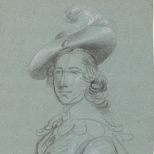 Study of a man, called George Montague Dunk, 2nd Earl of Halifax, after a painting by George Knapton; head and torso only, turned to the left, wearing a ostrich-plumed hat decorated with a drop pearl, an elaborate, scalloped collar, and cloak. Made by Joseph Wright of Derby (1734 - 1797). Black and white chalk on blue paper, in cream window mount.