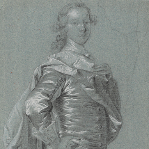 Study of a young man, facing right, in Van Dyck costume, after a painting of an unknown man by Thomas Hudson. He is standing, with his left leg bent at the knee, and his right hand on his hip. His left hand holds a long drape of silk to his chest, which twists around his torso and falls over his right shoulder to his knee. he wears a sword at his side. The outline of a drape is visible to his right. Inscribed to lower right, 'Brown & Blew'. Made by Joseph Wright of Derby (1734 - 1797). Black and white chalk on blue paper, in cream window mount.