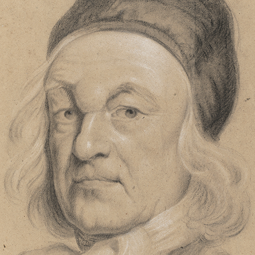 Study of a man, called Charles de Saint-Evremond; head and shoulders only, facing to the left, wearing a black cap and white neck cloth, his hair loose. Made by Joseph Wright of Derby (1734 - 1797). Black and white chalk on buff paper, in cream window mount.