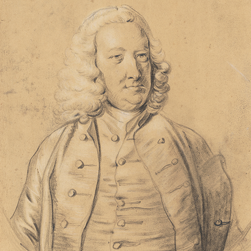 Study of a man, called William King; in a feigned oval, his head turned to the right, wearing a coat and waistcoat, with a cocked hat under his left arm. Made by Joseph Wright of Derby (1734 - 1797). Black and white chalk on buff paper, in cream window mount.