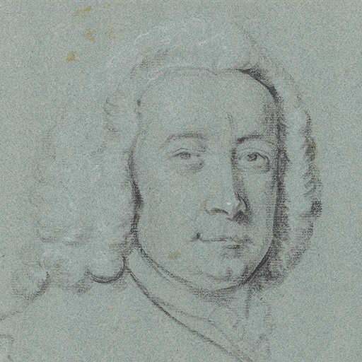Study of a man, head and shoulders only, facing slightly to the right. He wears a wig (?) and a coat with a neck cloth and possibly a jabot beneath. Made by Joseph Wright of Derby (1734 - 1797). Black and white chalk on blue paper, in cream window mount.