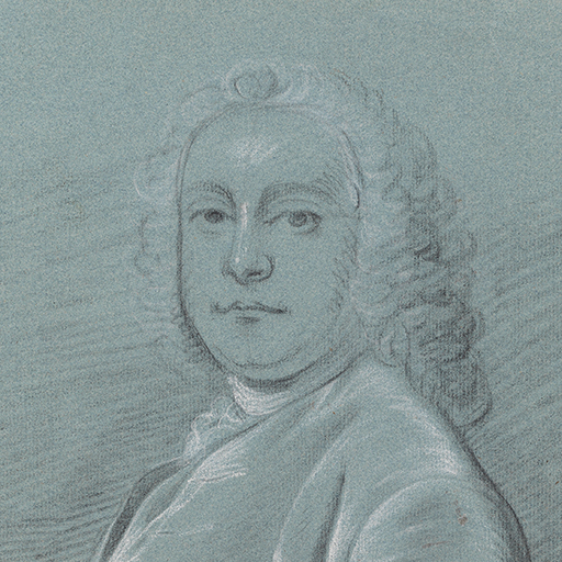 Study of a man, called John Heath; head and torso only, his body turned to the left, his face forward, wearing a coat and holding a cocked hat under his left arm. Made by Joseph Wright of Derby (1734 - 1797). Black and white chalk on blue paper, in cream window mount.